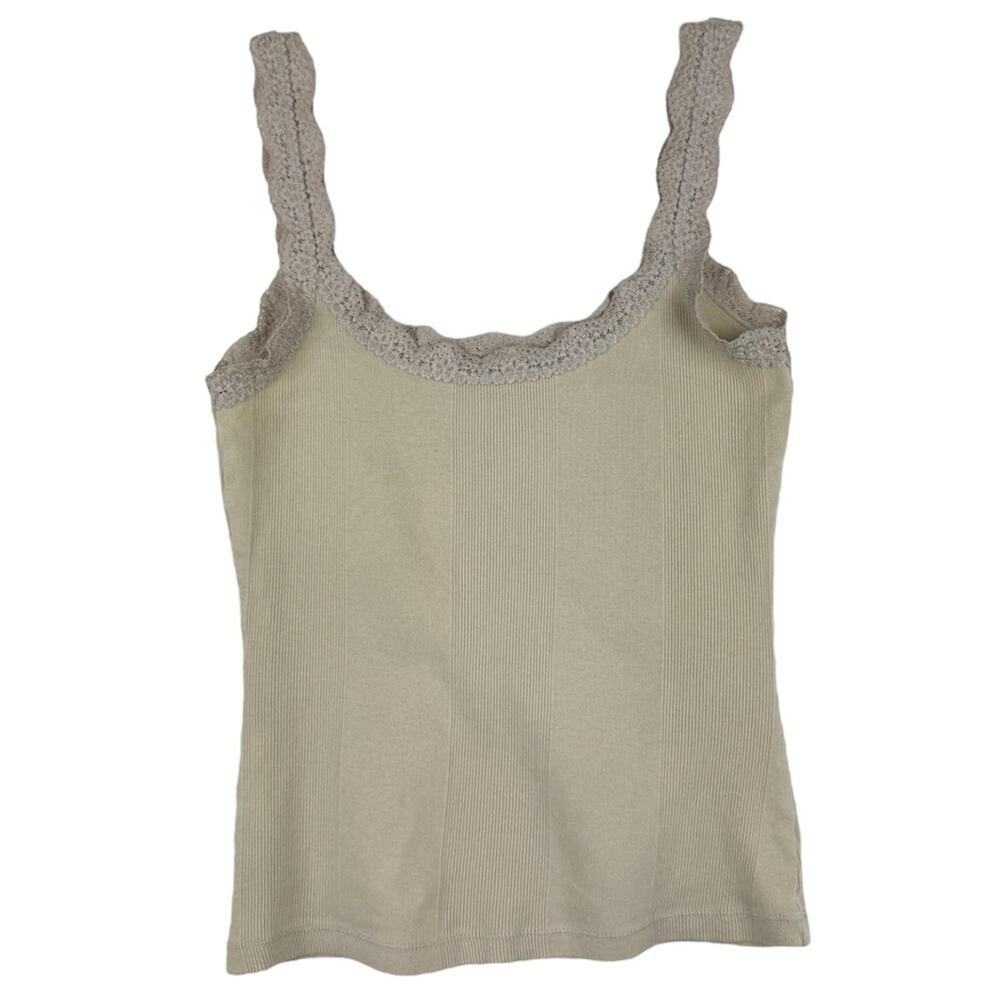 Vintage Y2K 90s Lace Trim Textured Ribbed Tank Top Tan Size M By Pacific Heights